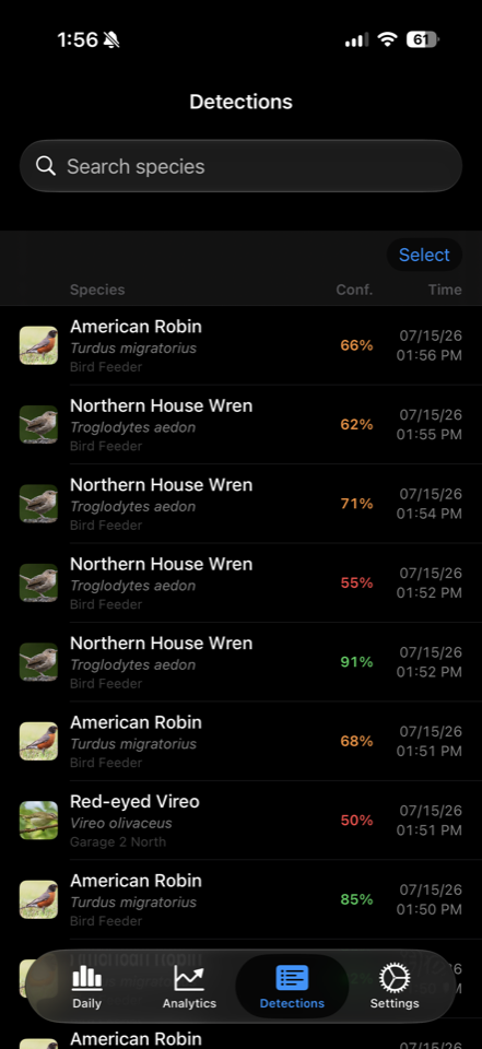 Detections list with species search, confidence percentages, and timestamps